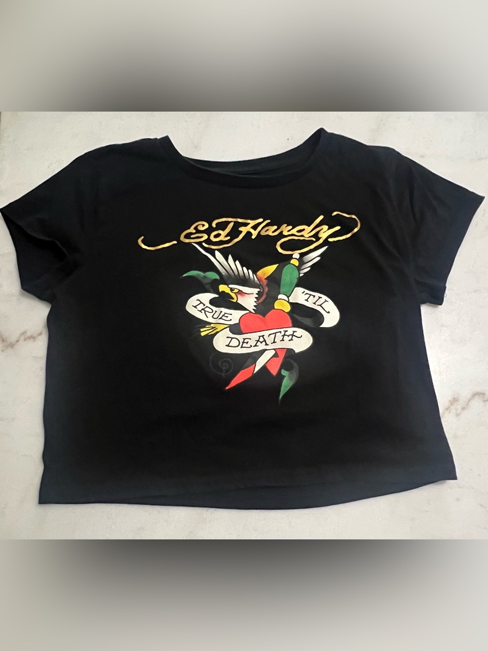 Ed Hardy Black Eagle Heart Cropped Babydoll Tee Shirt Juniors Size XL